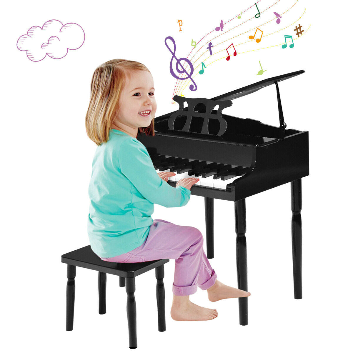 30-Key Wood Toy Kids Grand Piano with Bench and Music Rack-BlackÂ