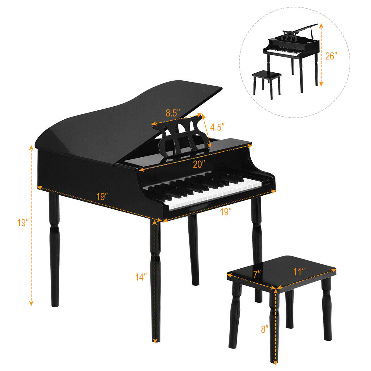30-Key Wood Toy Kids Grand Piano with Bench and Music Rack-BlackÂ