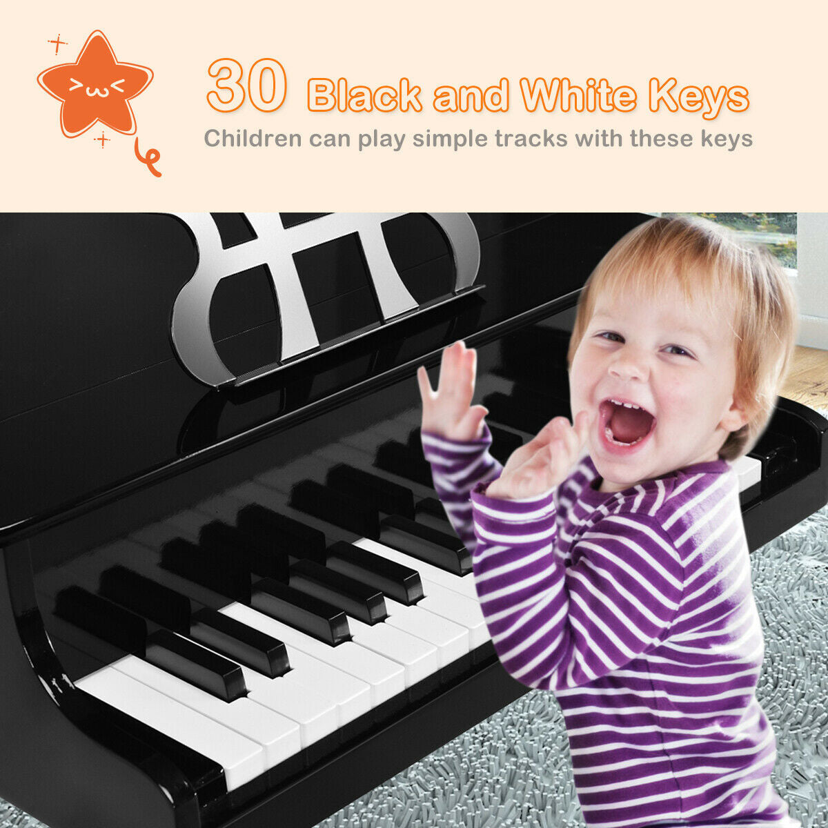30-Key Wood Toy Kids Grand Piano with Bench and Music Rack-BlackÂ
