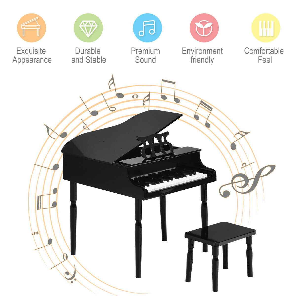 30-Key Wood Toy Kids Grand Piano with Bench and Music Rack-BlackÂ