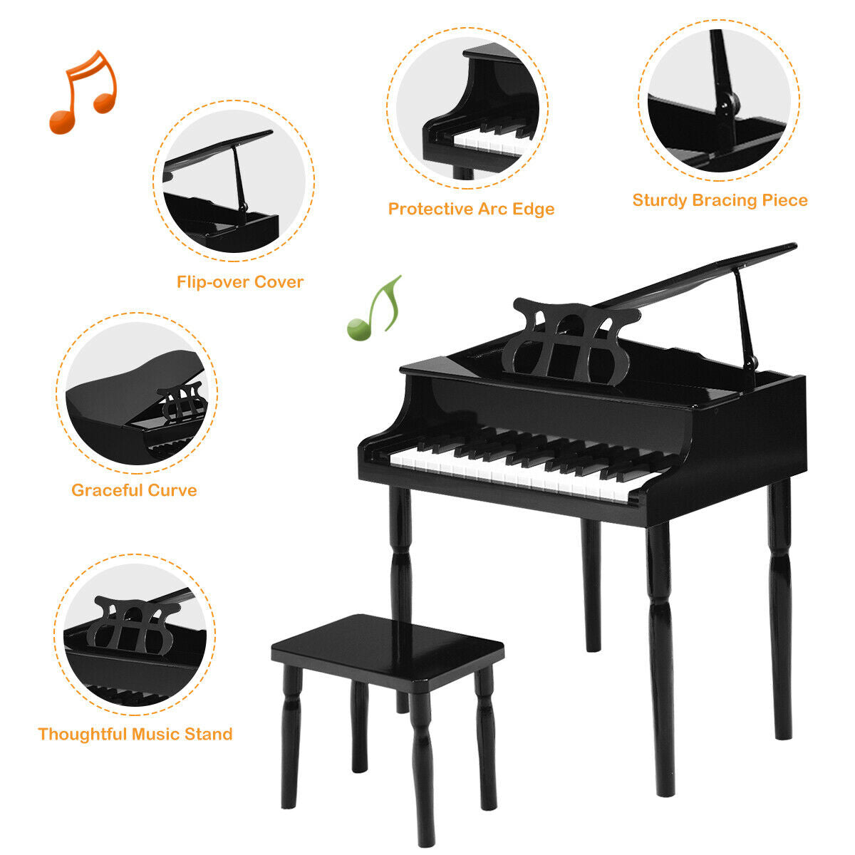 30-Key Wood Toy Kids Grand Piano with Bench and Music Rack-BlackÂ