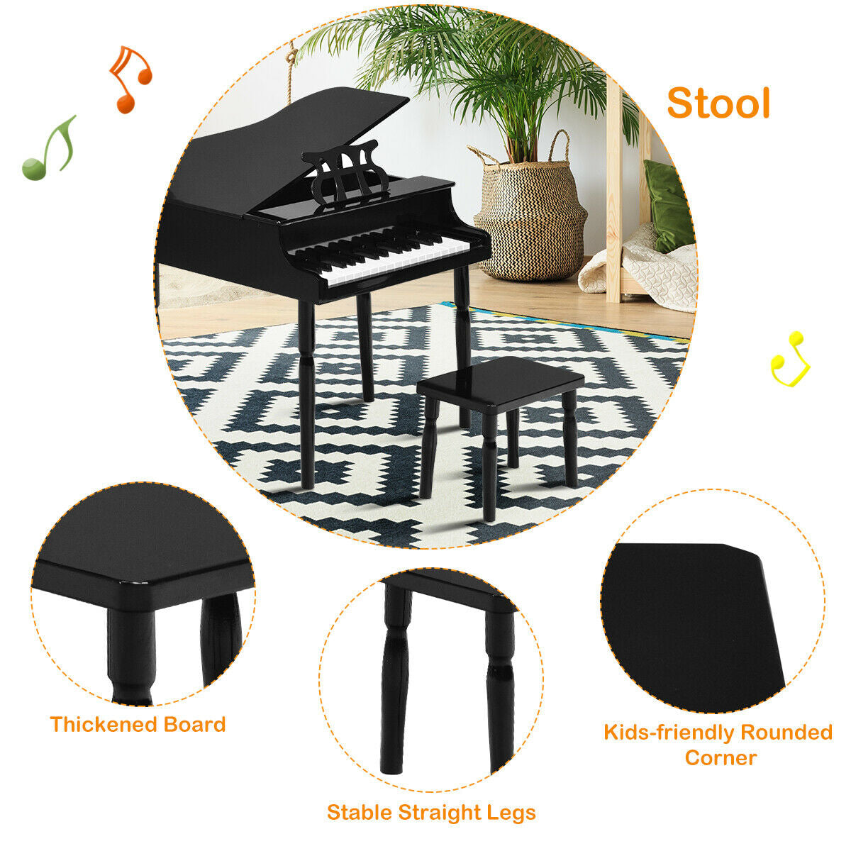 30-Key Wood Toy Kids Grand Piano with Bench and Music Rack-BlackÂ