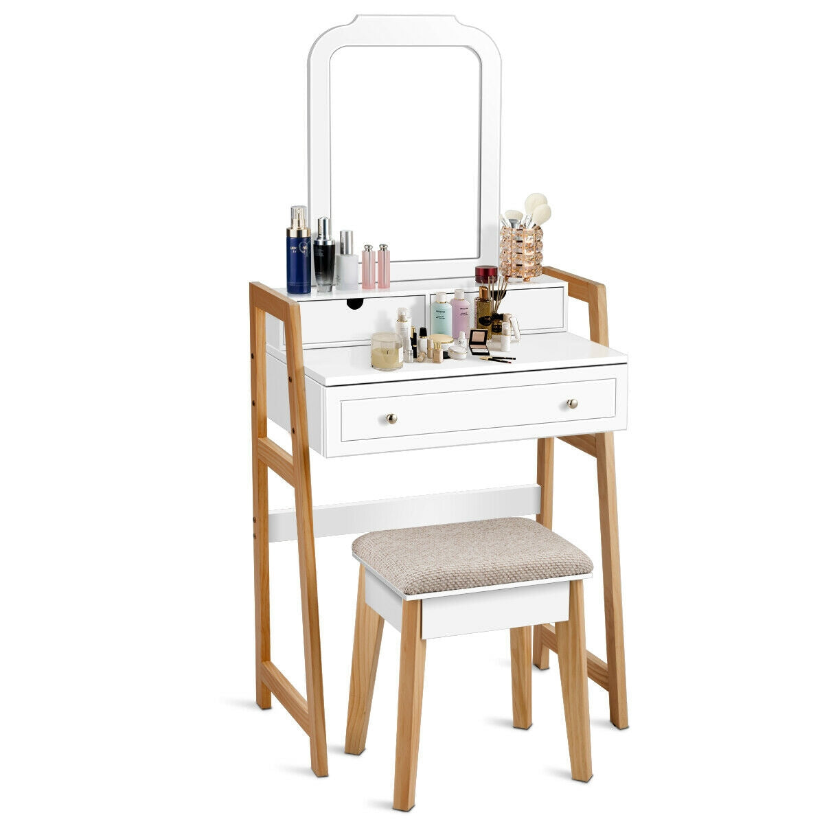 Vanity Table Set with Cushioned Stool and Large MirrorÂ