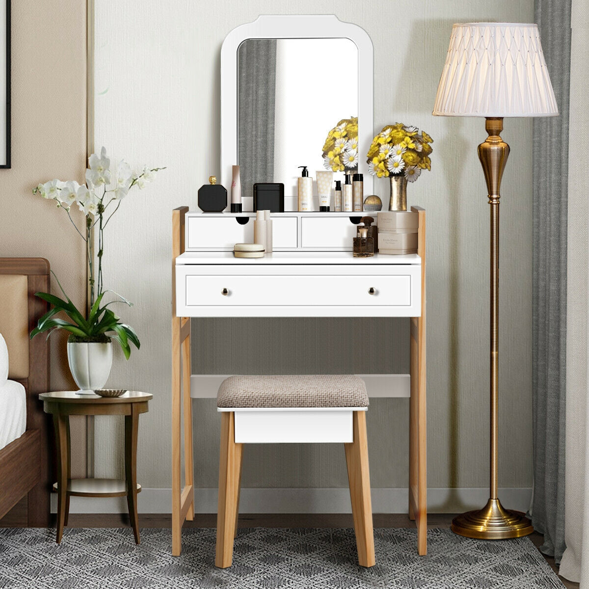 Vanity Table Set with Cushioned Stool and Large MirrorÂ