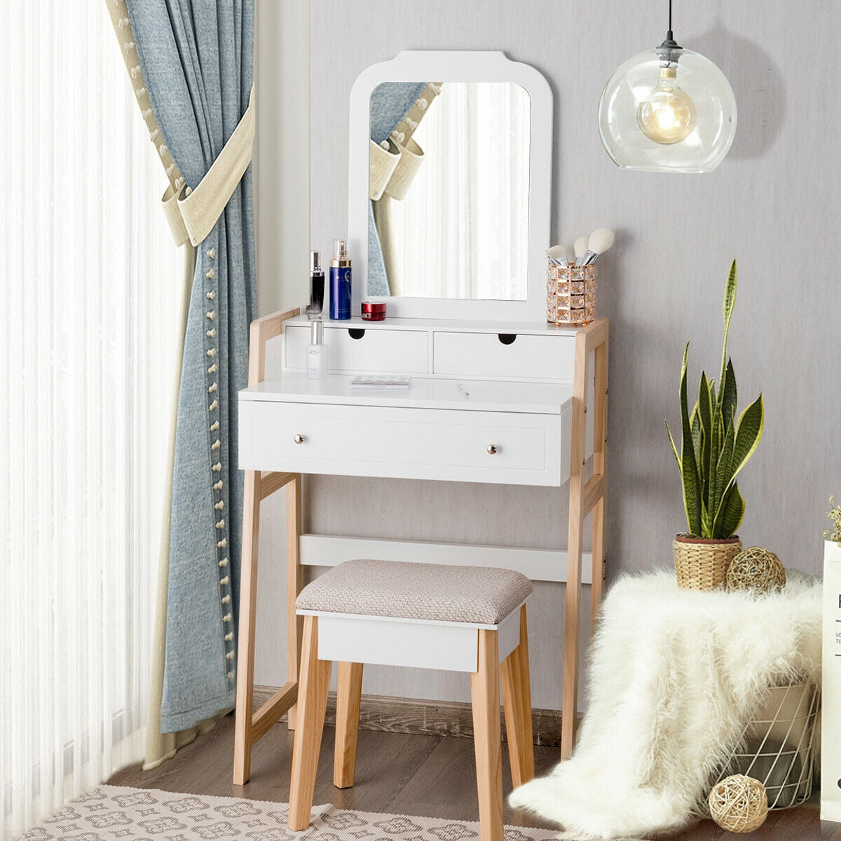Vanity Table Set with Cushioned Stool and Large MirrorÂ