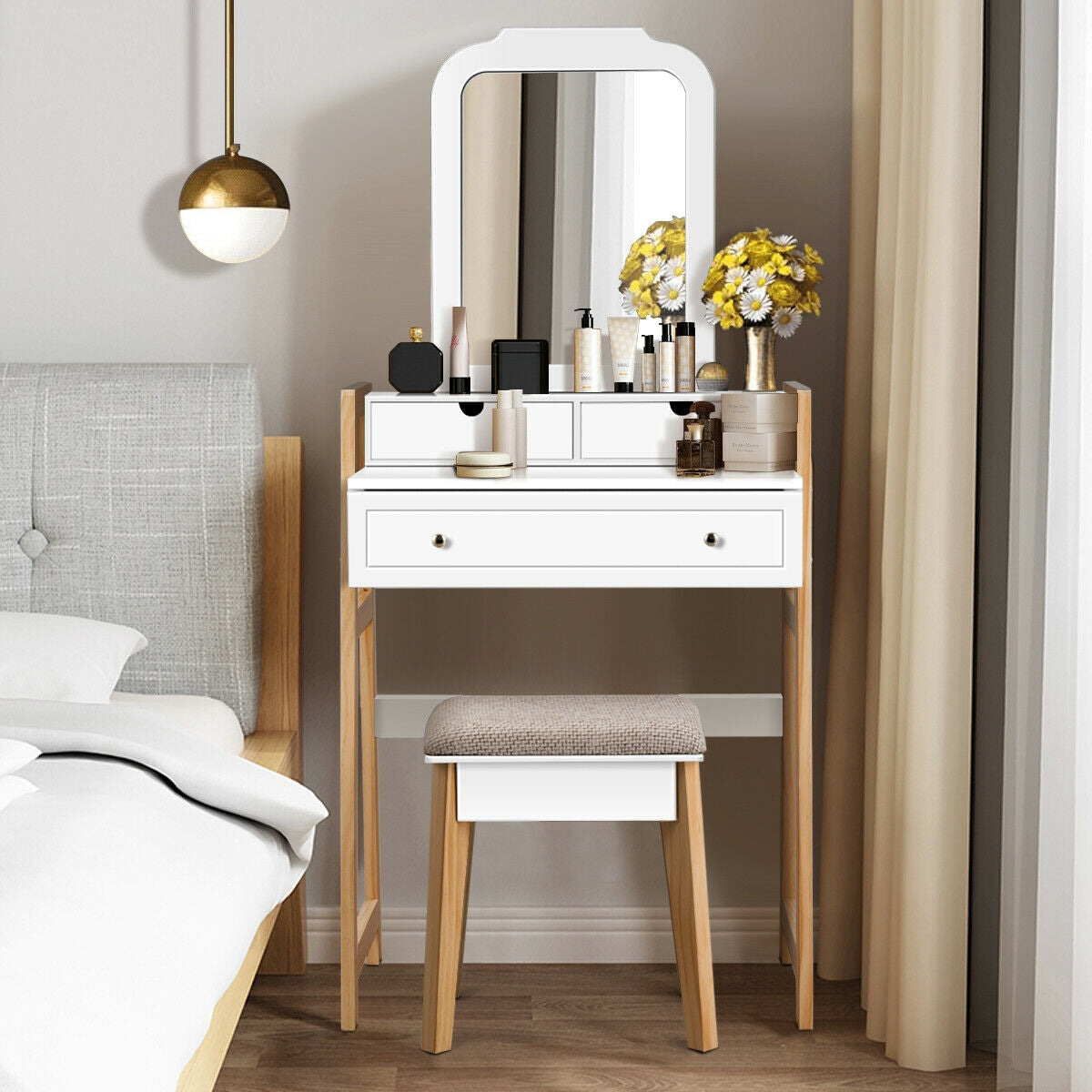 Vanity Table Set with Cushioned Stool and Large MirrorÂ