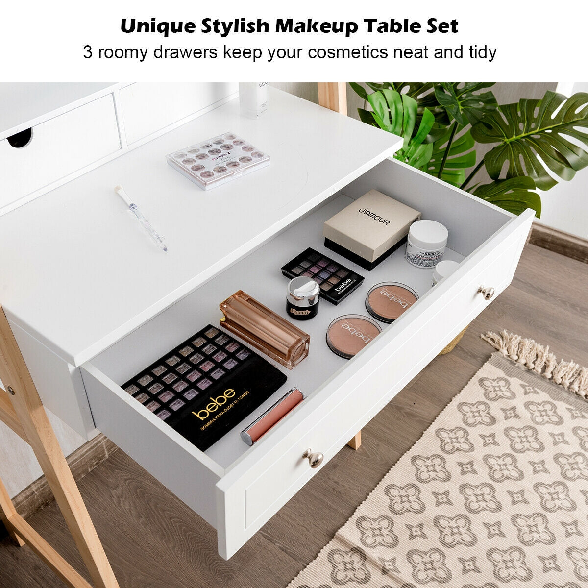 Vanity Table Set with Cushioned Stool and Large MirrorÂ