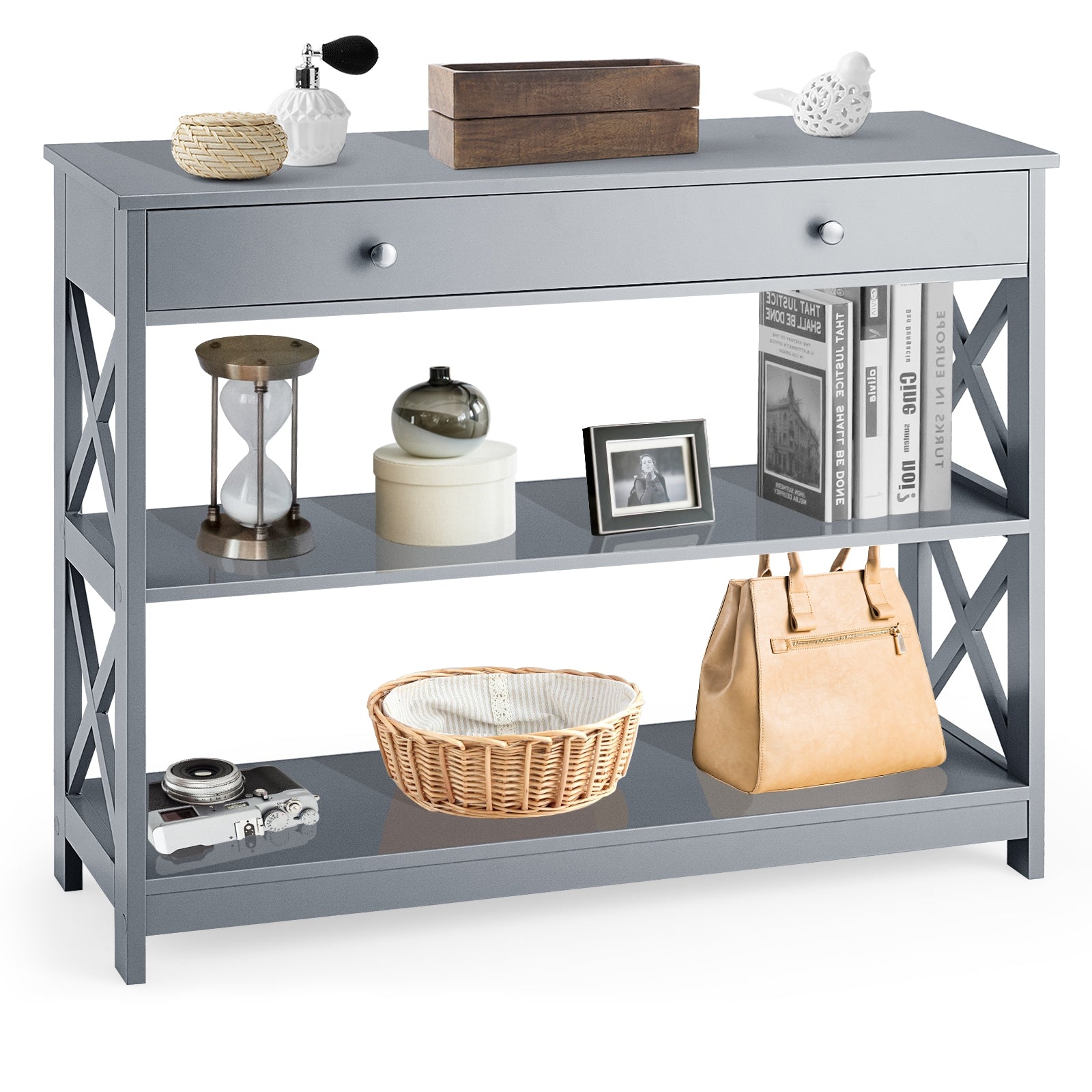 Console Table 3-Tier with Drawer and Storage Shelves-GrayÂ