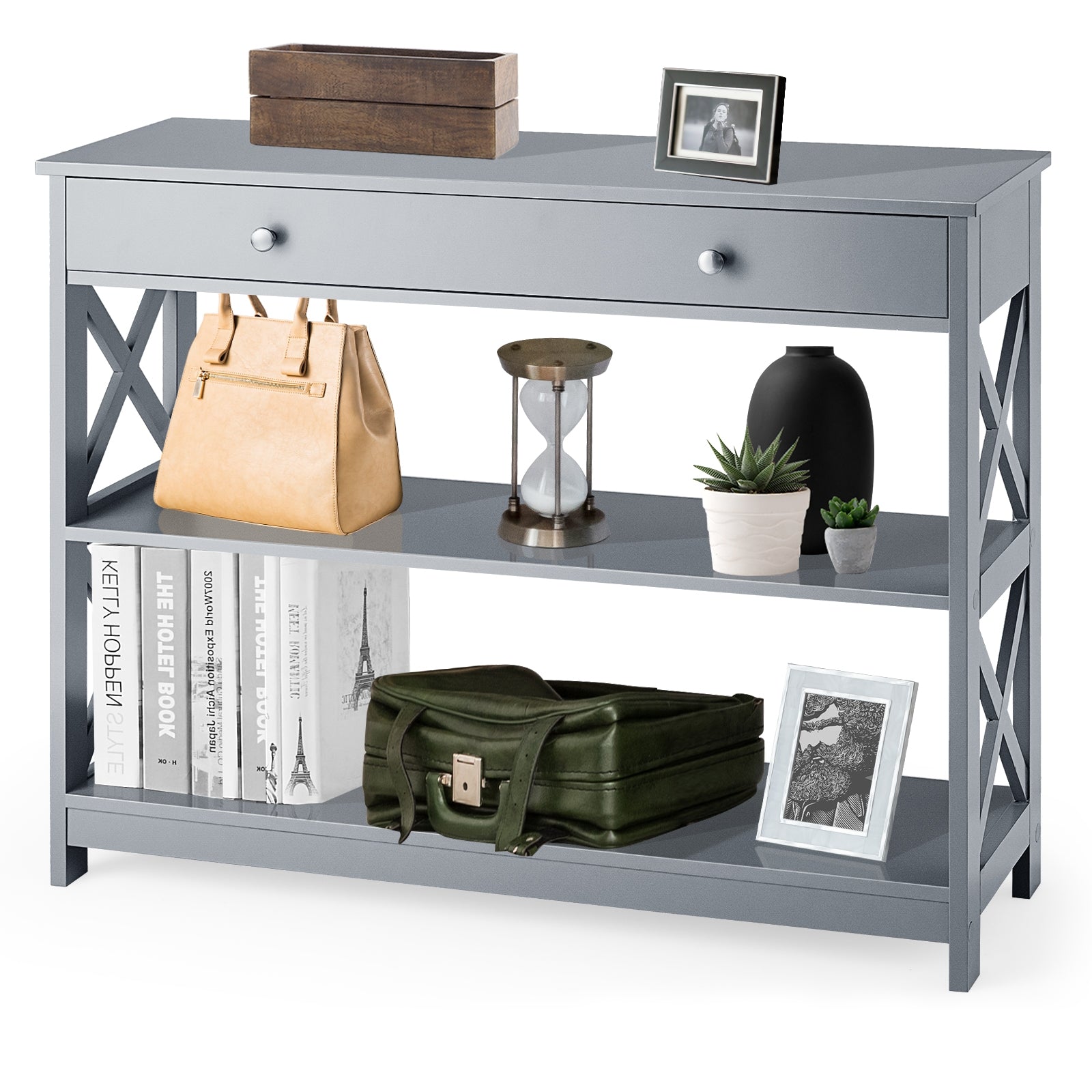 Console Table 3-Tier with Drawer and Storage Shelves-GrayÂ