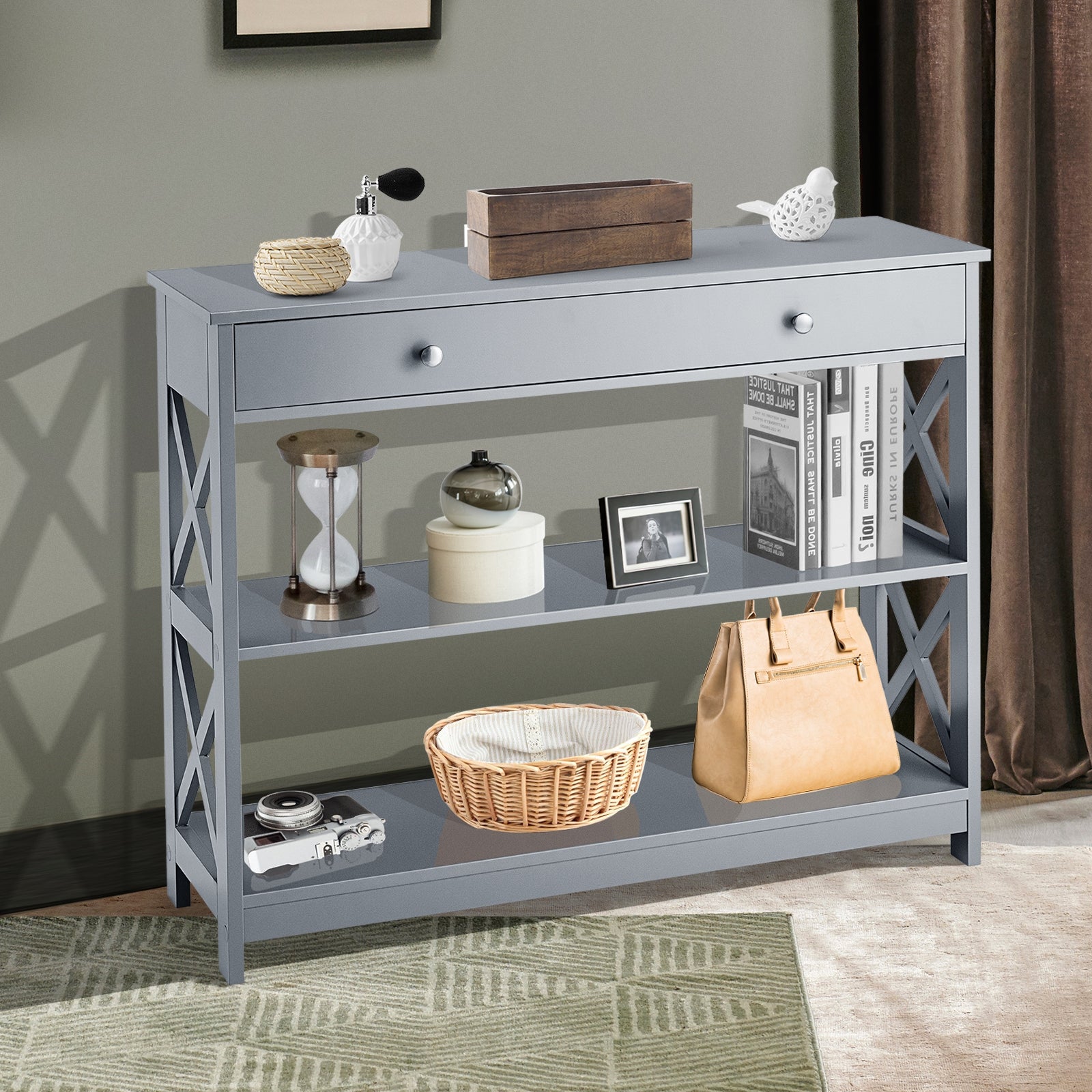 Console Table 3-Tier with Drawer and Storage Shelves-GrayÂ