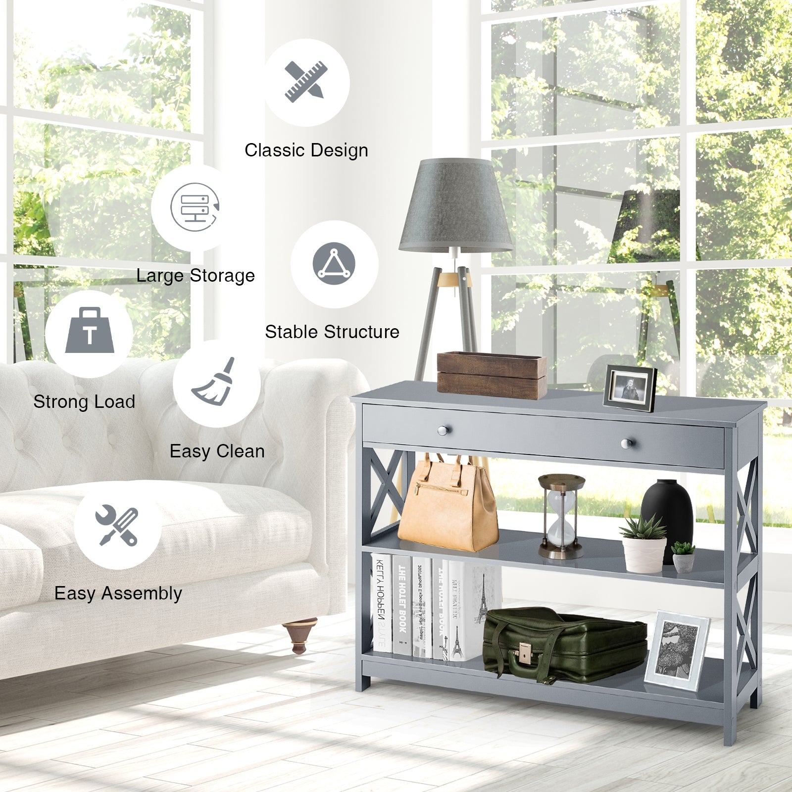 Console Table 3-Tier with Drawer and Storage Shelves-GrayÂ