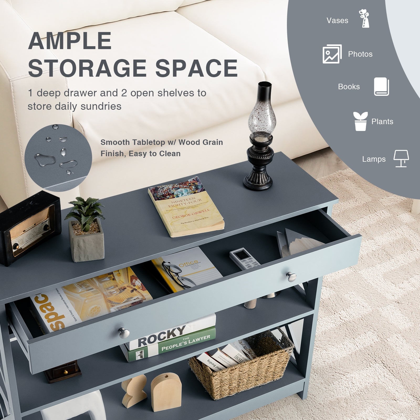 Console Table 3-Tier with Drawer and Storage Shelves-GrayÂ