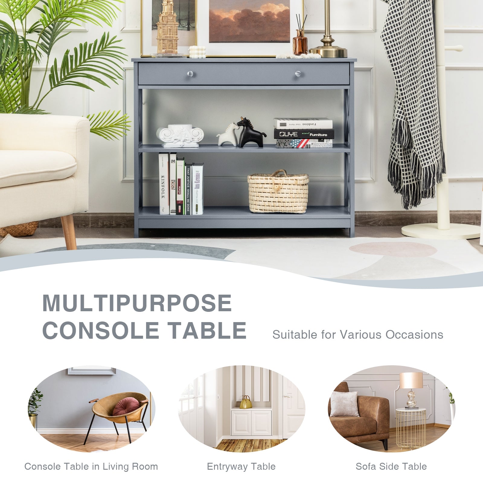 Console Table 3-Tier with Drawer and Storage Shelves-GrayÂ