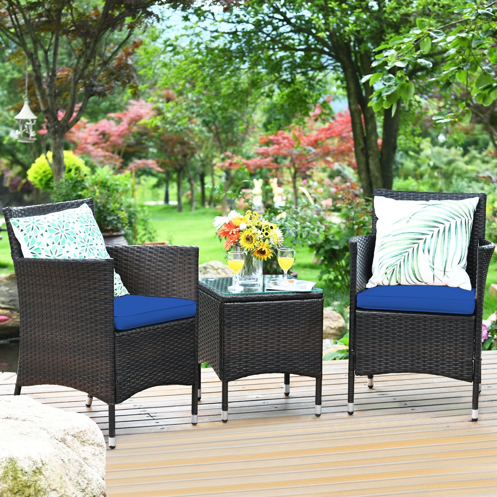 3 Pcs Patio Furniture Set Outdoor Wicker Rattan Set-NavyÂ