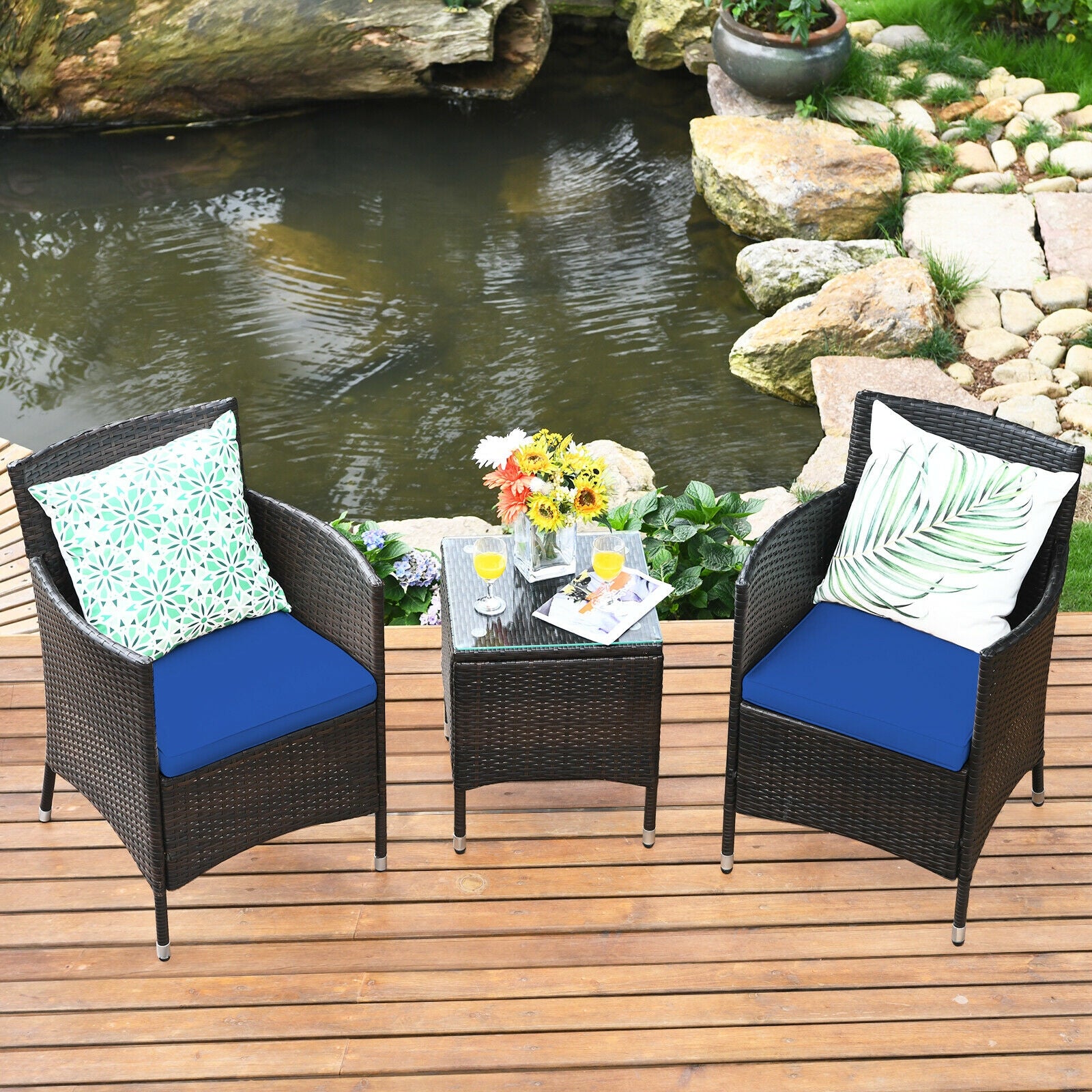 3 Pcs Patio Furniture Set Outdoor Wicker Rattan Set-NavyÂ