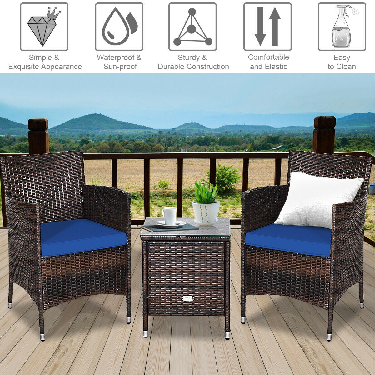 3 Pcs Patio Furniture Set Outdoor Wicker Rattan Set-NavyÂ