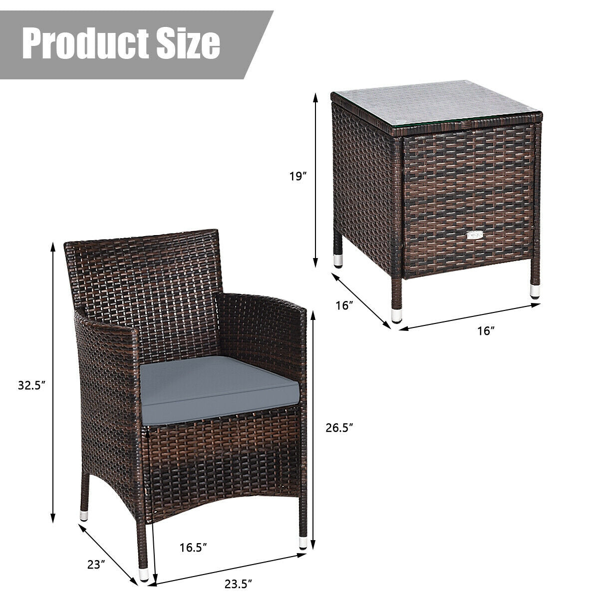 3 Pieces Patio Furniture Set Outdoor Wicker Rattan Set-GrayÂ