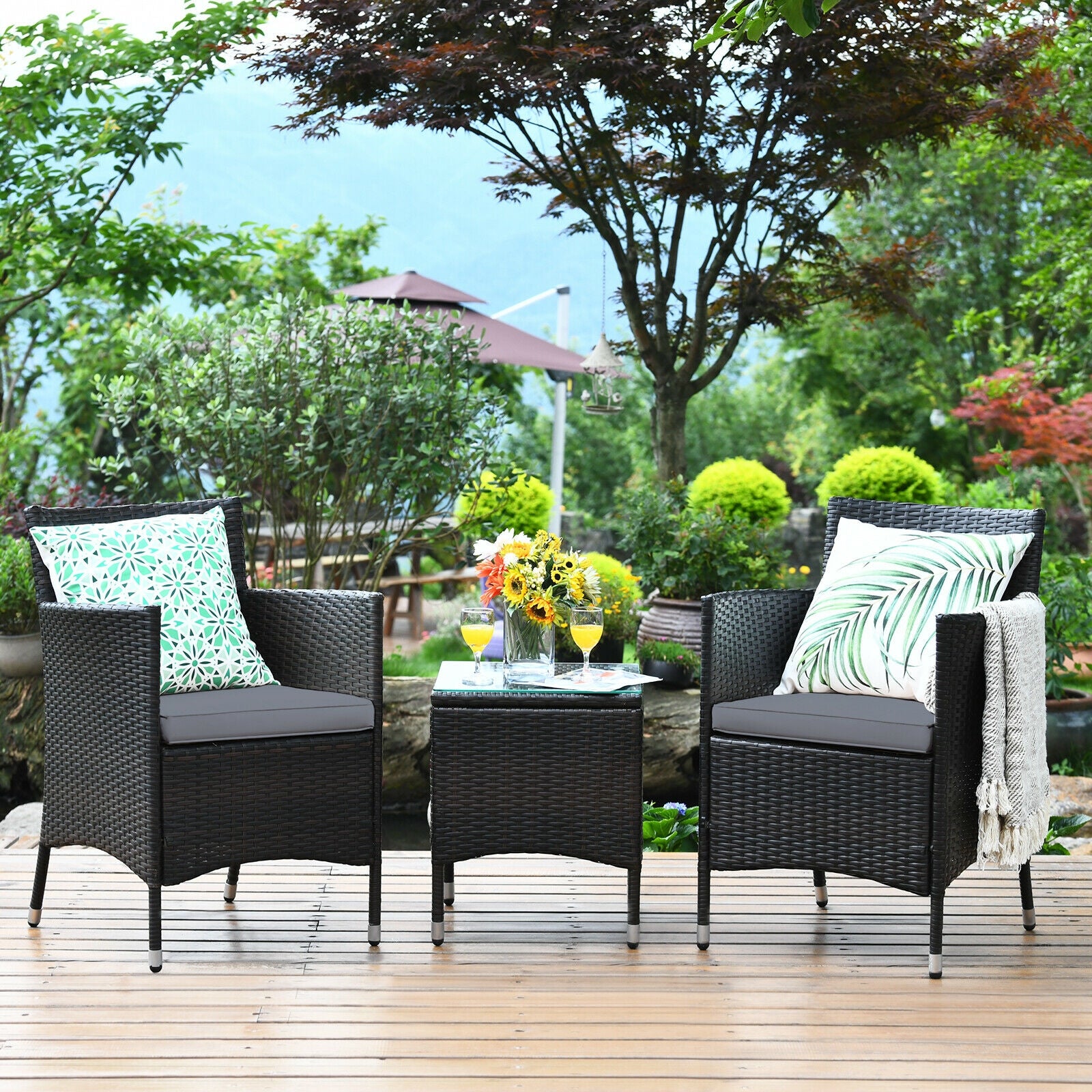 3 Pieces Patio Furniture Set Outdoor Wicker Rattan Set-GrayÂ