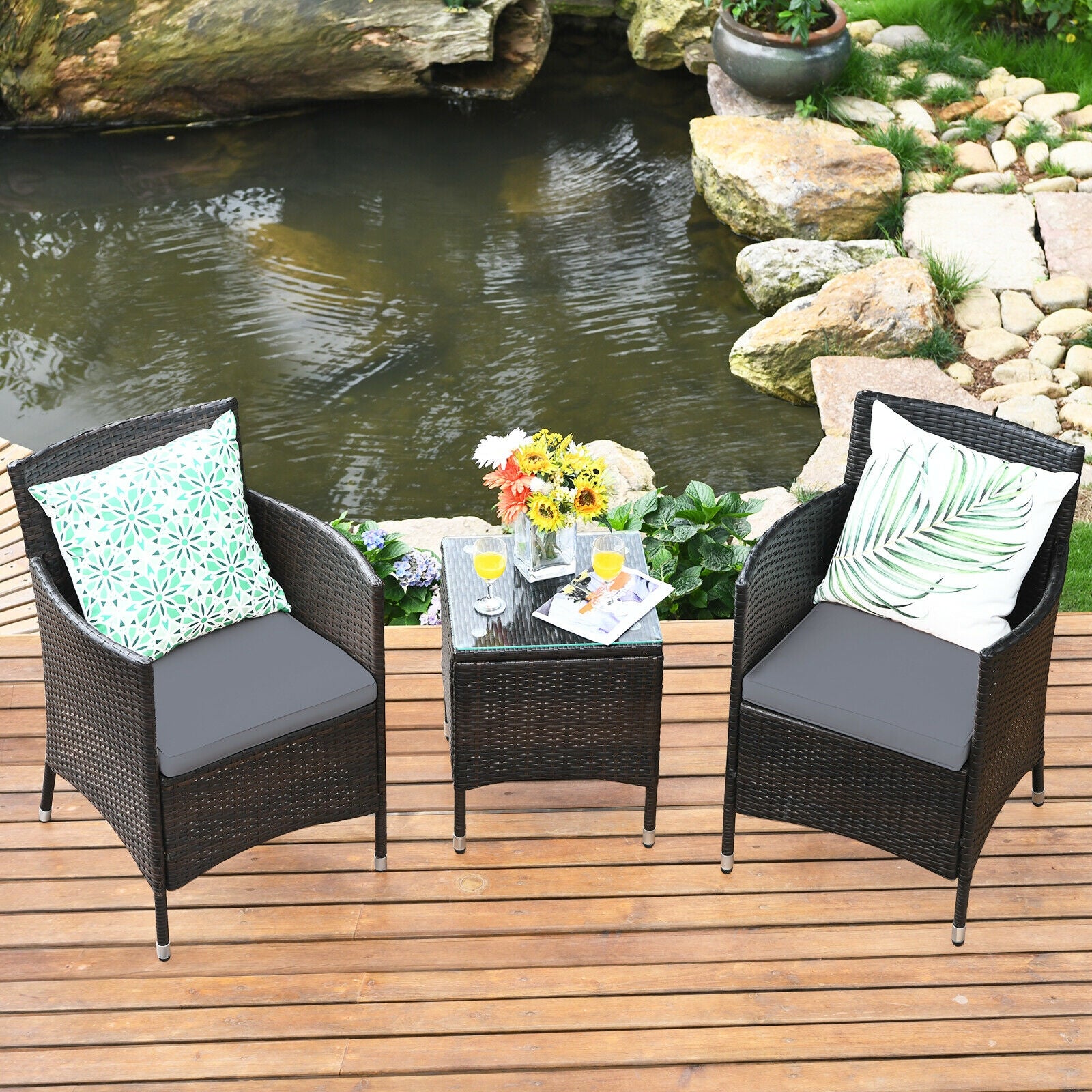 3 Pieces Patio Furniture Set Outdoor Wicker Rattan Set-GrayÂ