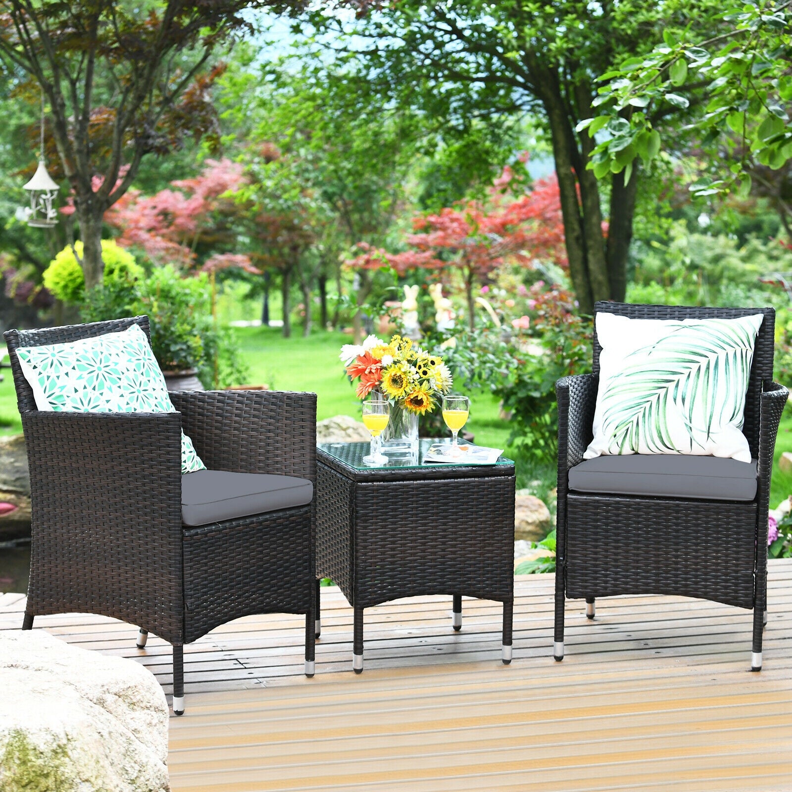 3 Pieces Patio Furniture Set Outdoor Wicker Rattan Set-GrayÂ