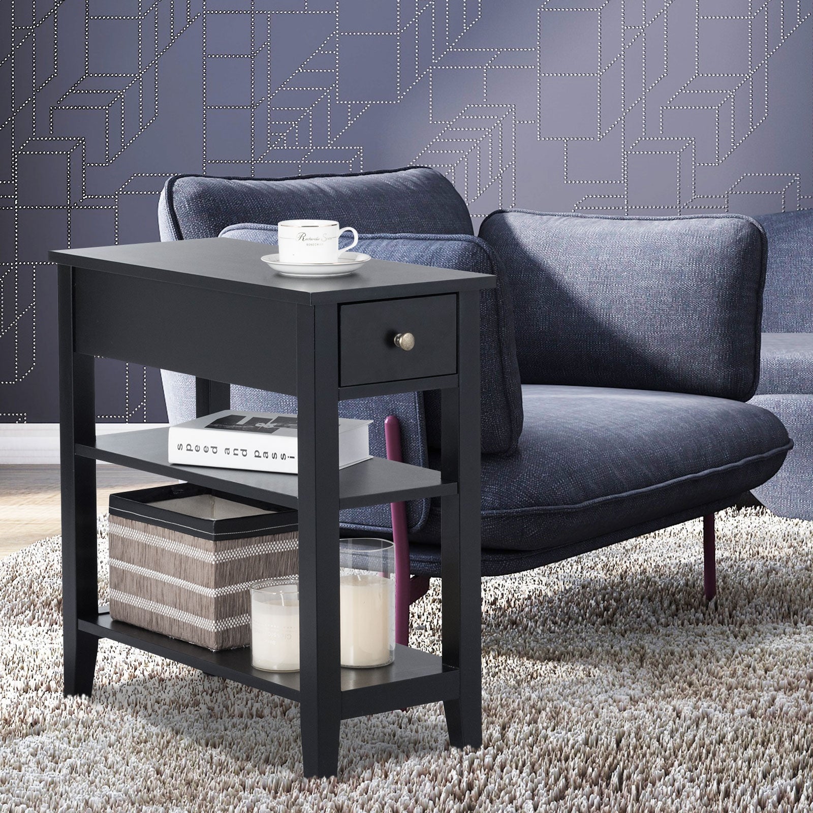 3-Tier Nightstand Bedside Table Sofa Side with Double Shelves Drawer-BlackÂ