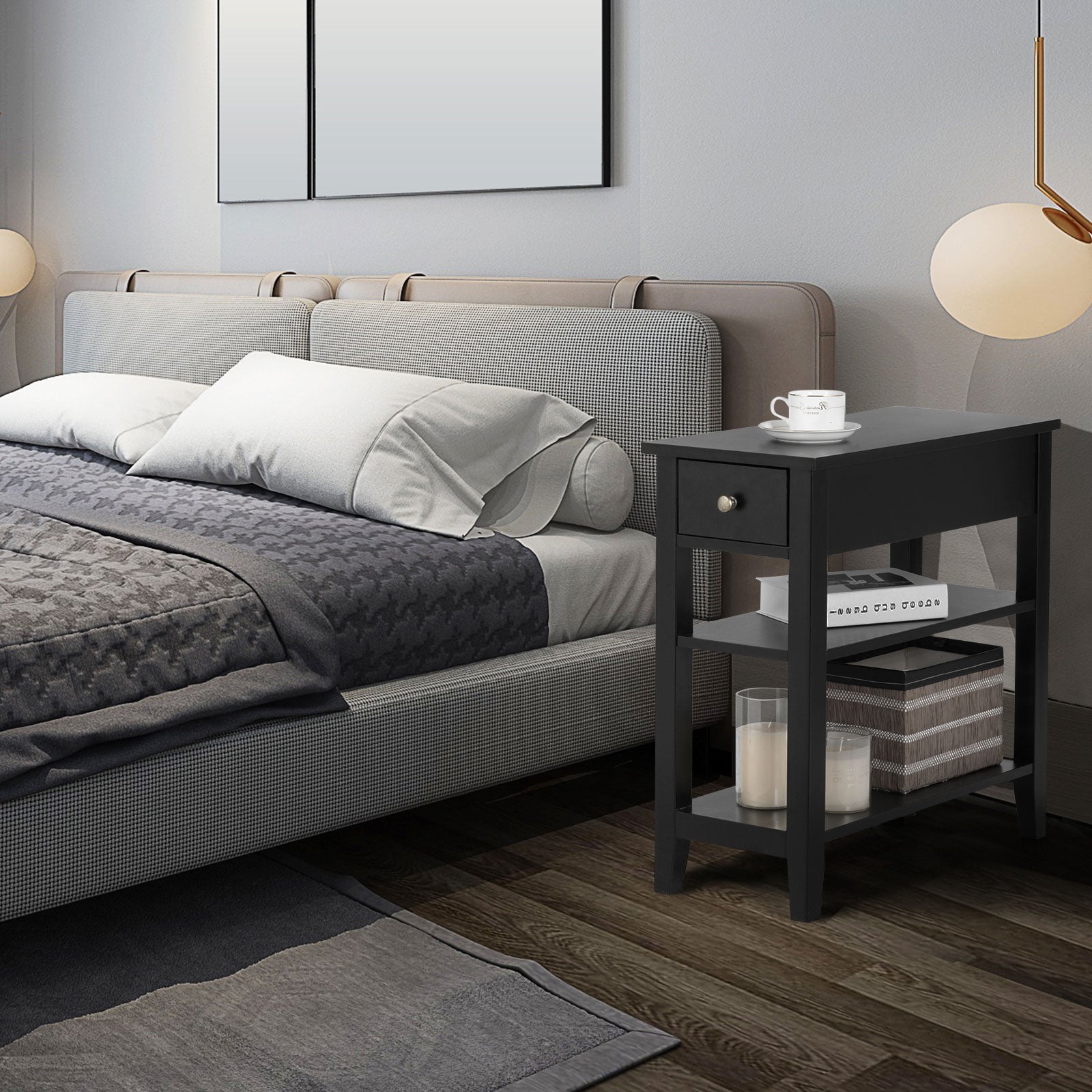 3-Tier Nightstand Bedside Table Sofa Side with Double Shelves Drawer-BlackÂ