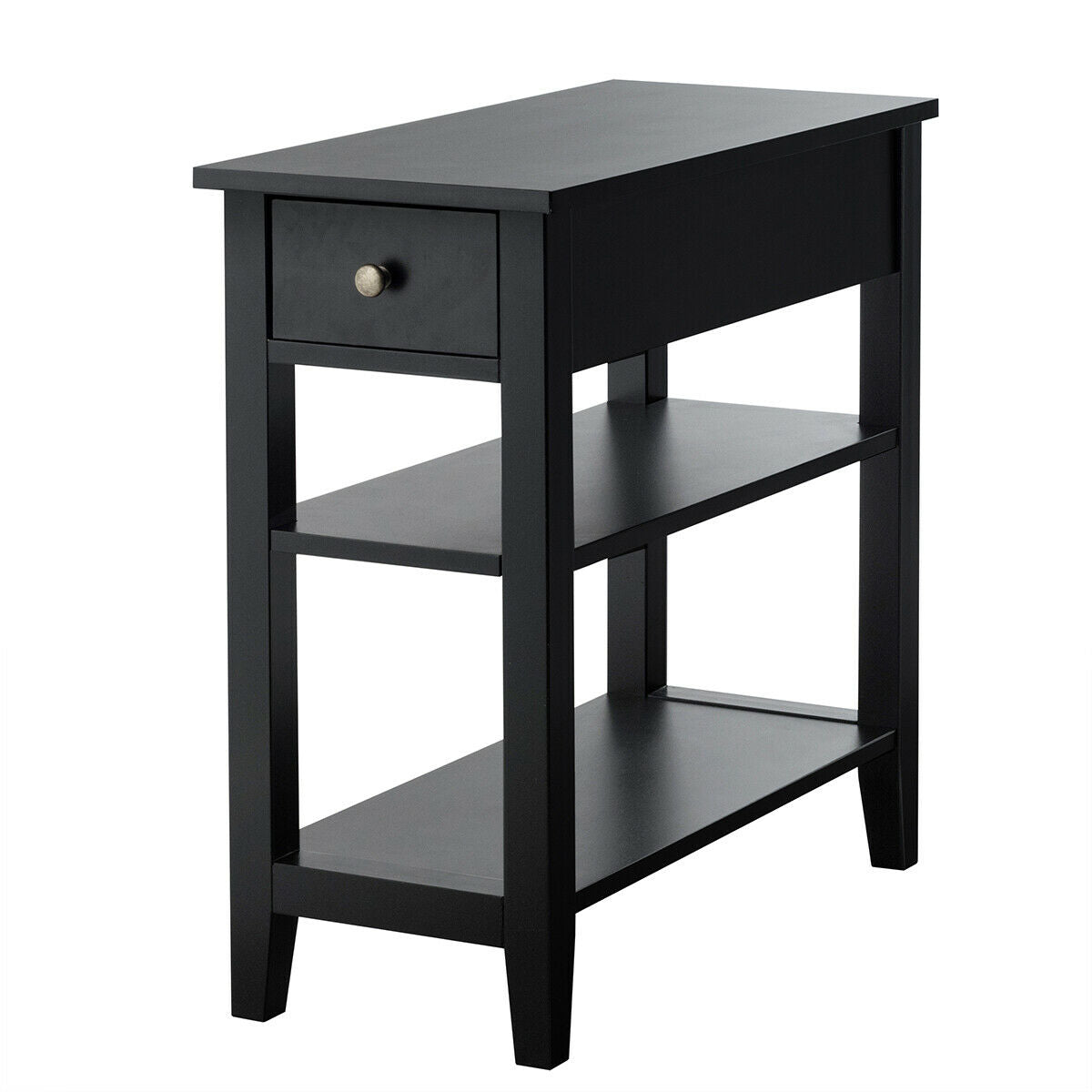 3-Tier Nightstand Bedside Table Sofa Side with Double Shelves Drawer-BlackÂ