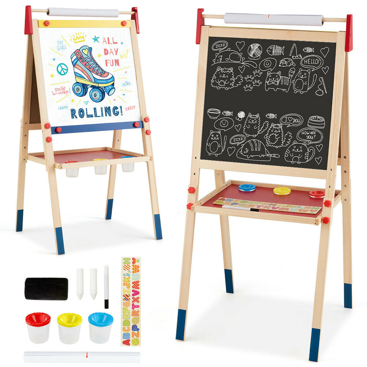 All-in-One Wooden Height Adjustable Kid's Art Easel with Magnetic Stickers and PaperÂ