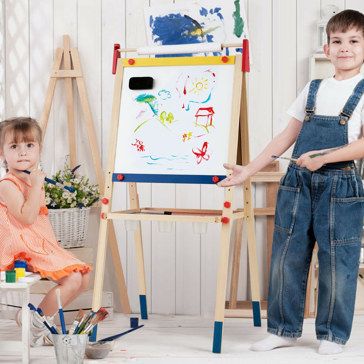 All-in-One Wooden Height Adjustable Kid's Art Easel with Magnetic Stickers and PaperÂ