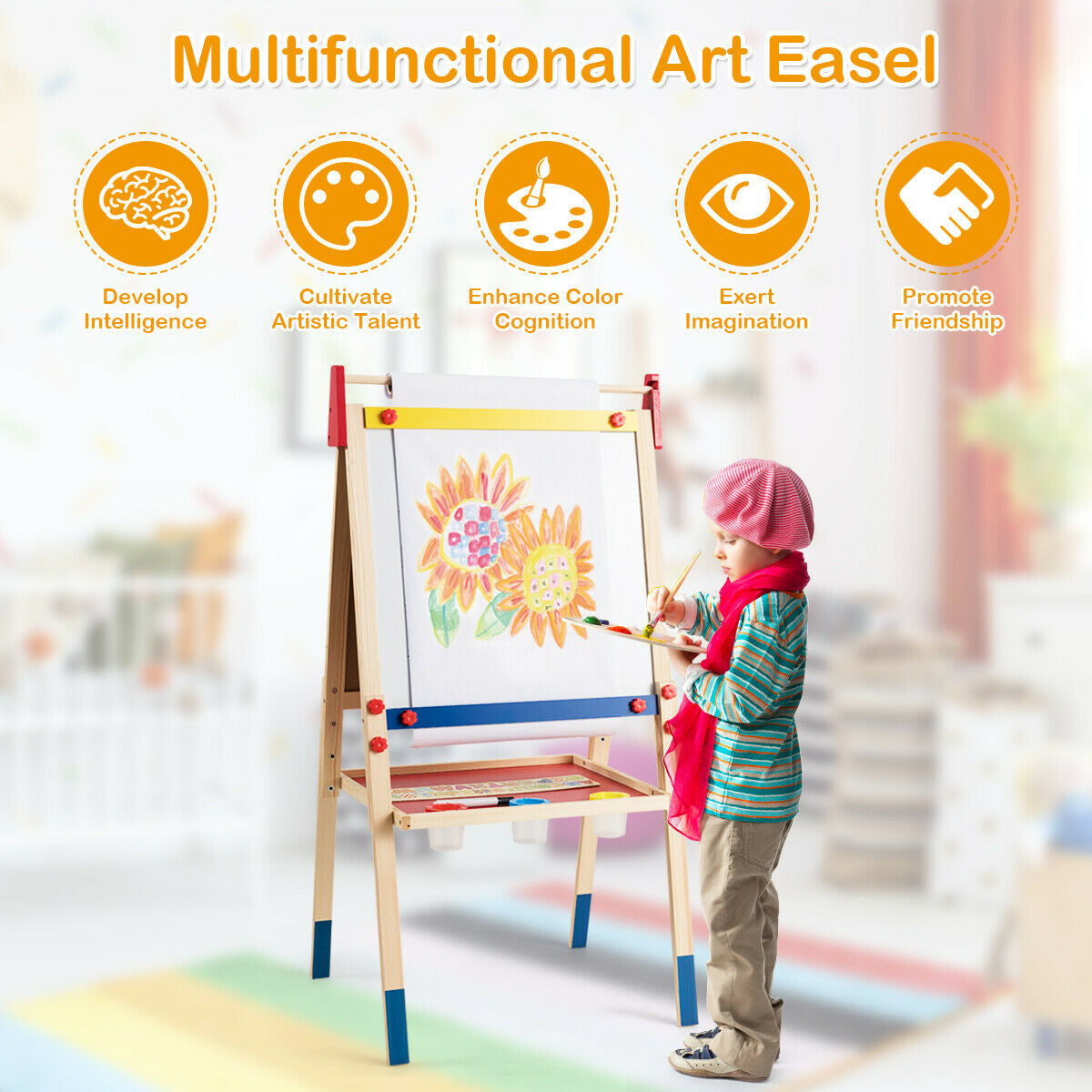 All-in-One Wooden Height Adjustable Kid's Art Easel with Magnetic Stickers and PaperÂ