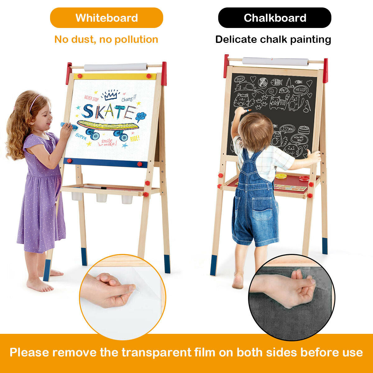 All-in-One Wooden Height Adjustable Kid's Art Easel with Magnetic Stickers and PaperÂ