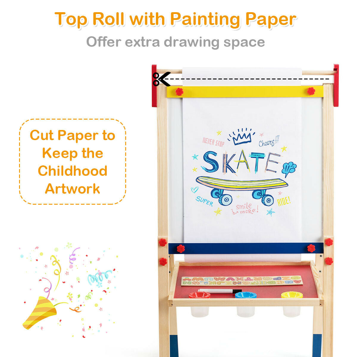 All-in-One Wooden Height Adjustable Kid's Art Easel with Magnetic Stickers and PaperÂ
