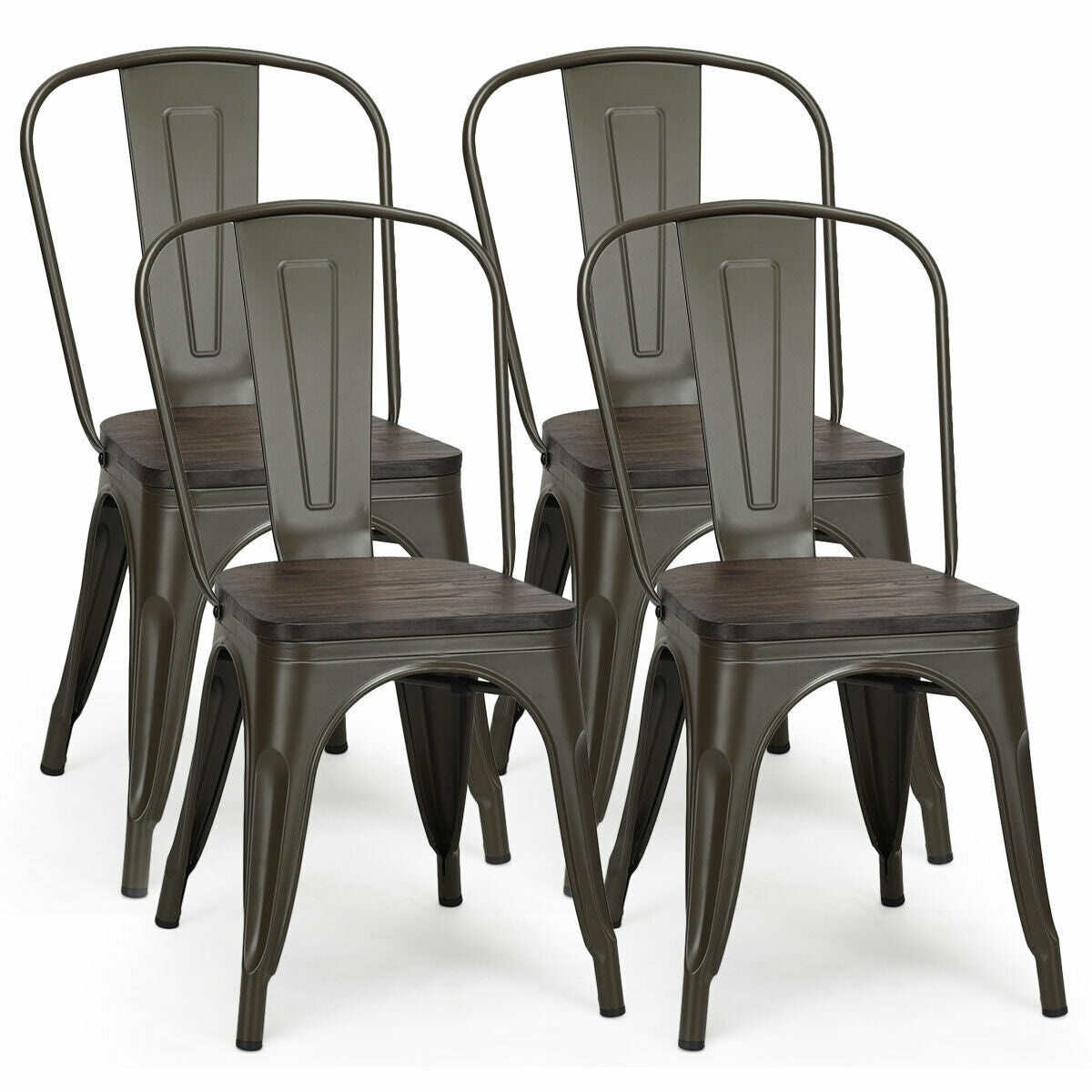 4 Pieces Tolix Style Metal Dining Side Chair Stackable Wood Seat-Dark BrownÂ