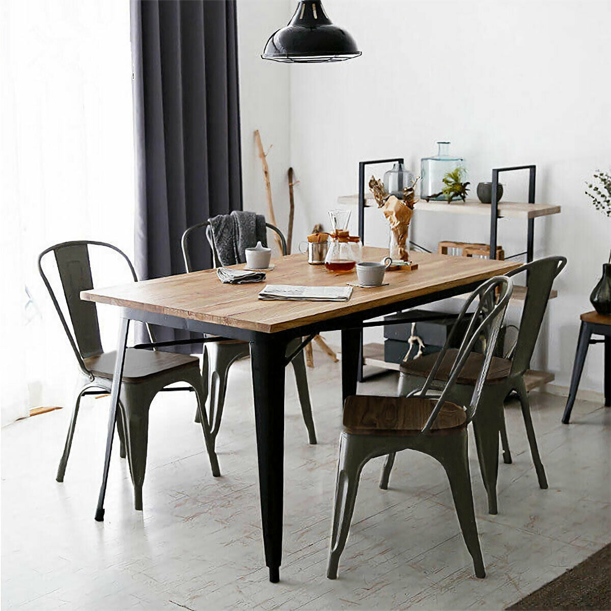 4 Pieces Tolix Style Metal Dining Side Chair Stackable Wood Seat-Dark BrownÂ