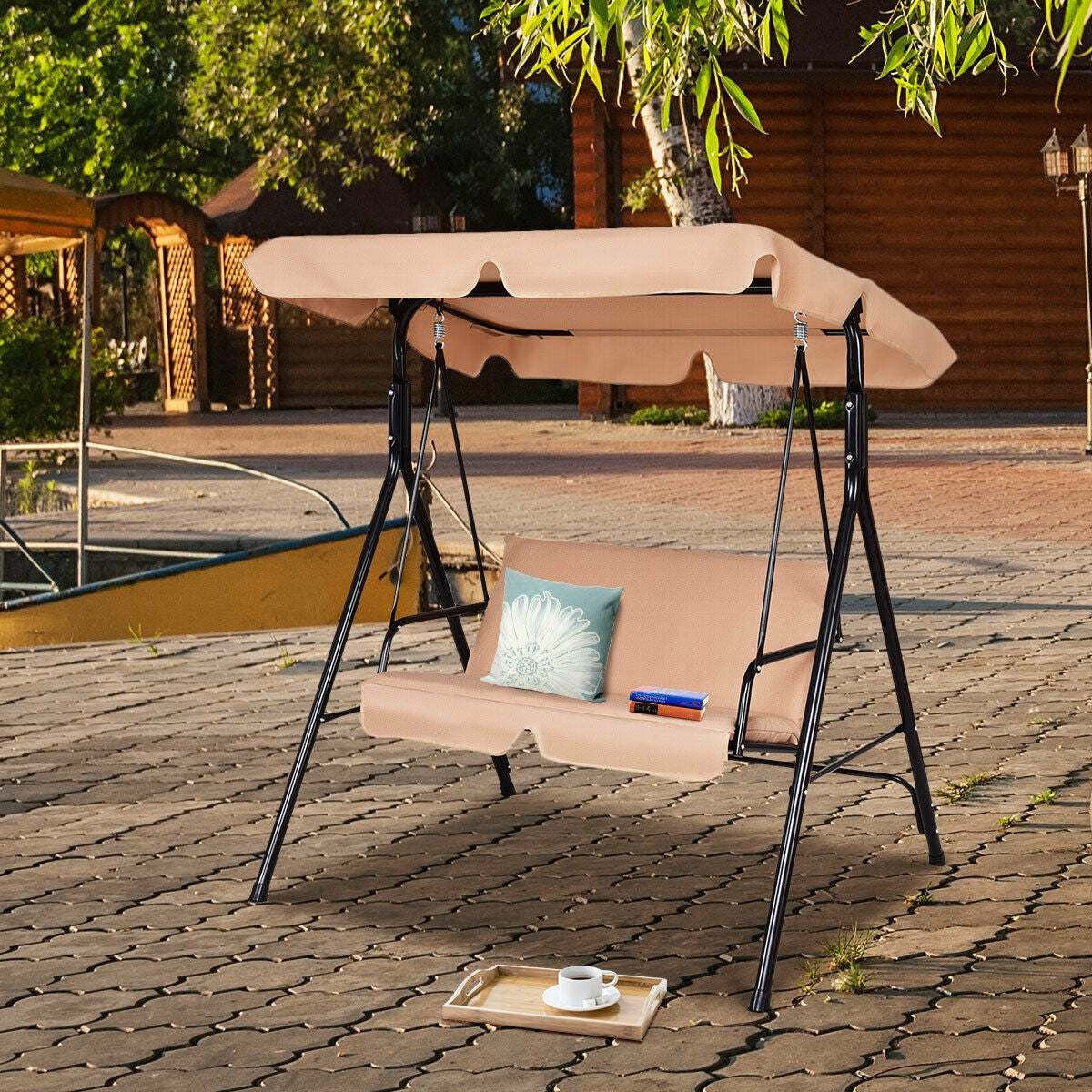 Loveseat Cushioned Patio Steel Frame Swing Glider -BeigeÂ