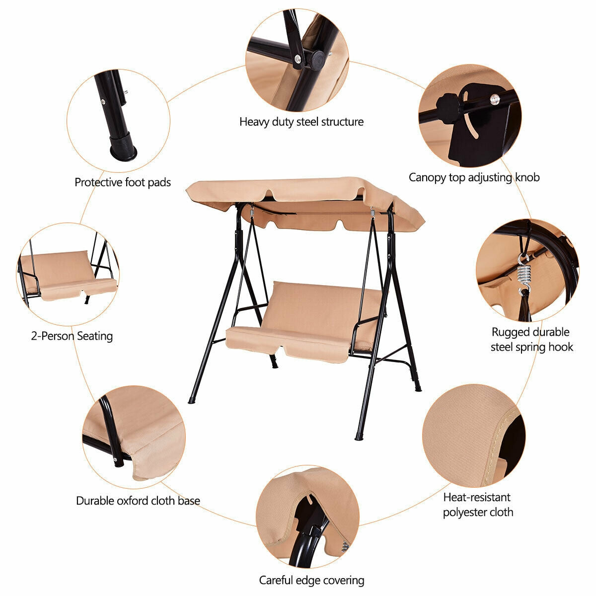 Loveseat Cushioned Patio Steel Frame Swing Glider -BeigeÂ