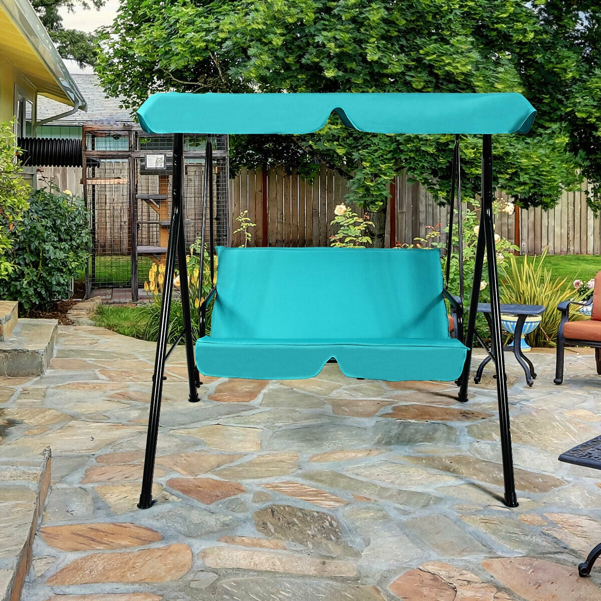 Loveseat Cushioned Patio Steel Frame Swing Glider -BlueÂ