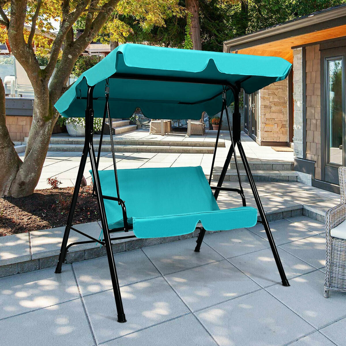 Loveseat Cushioned Patio Steel Frame Swing Glider -BlueÂ