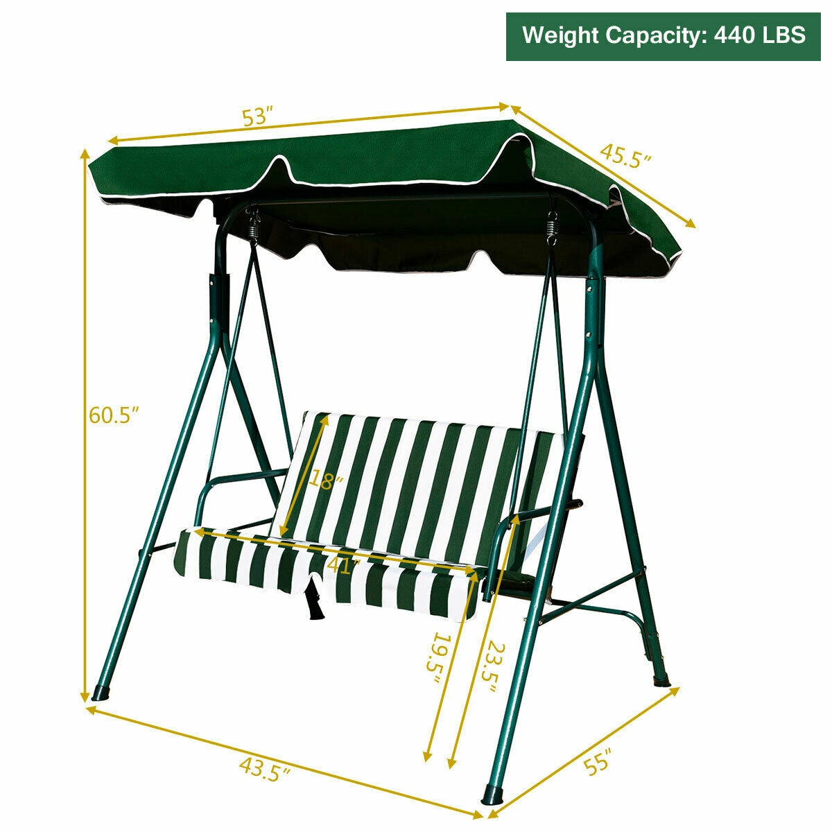 Loveseat Cushioned Patio Steel Frame Swing Glider -GreenÂ