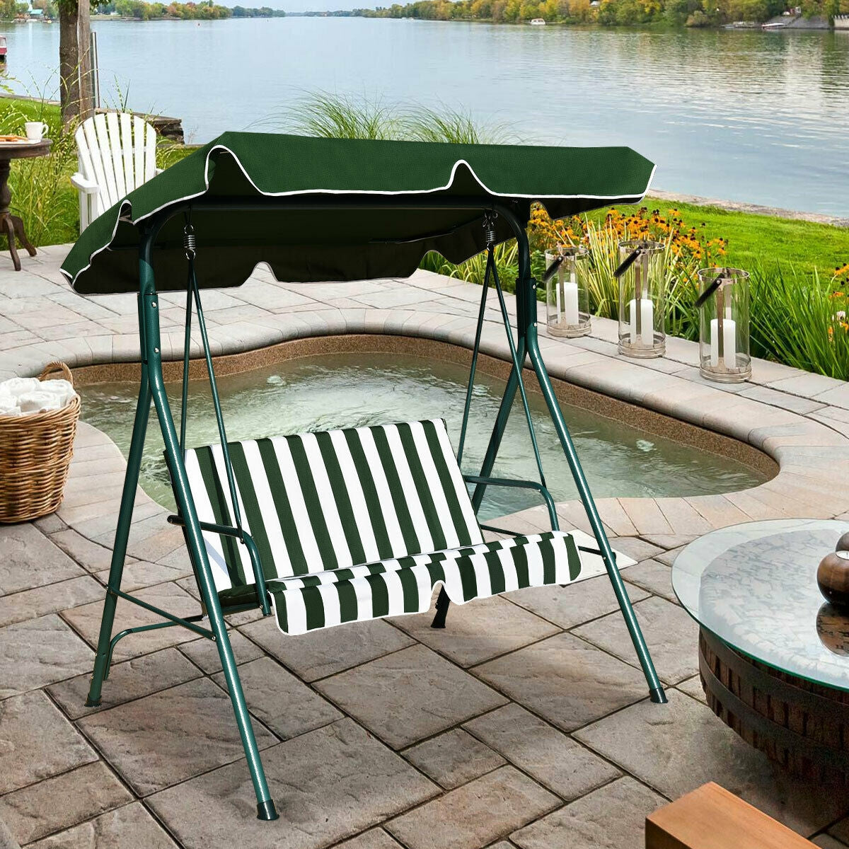 Loveseat Cushioned Patio Steel Frame Swing Glider -GreenÂ
