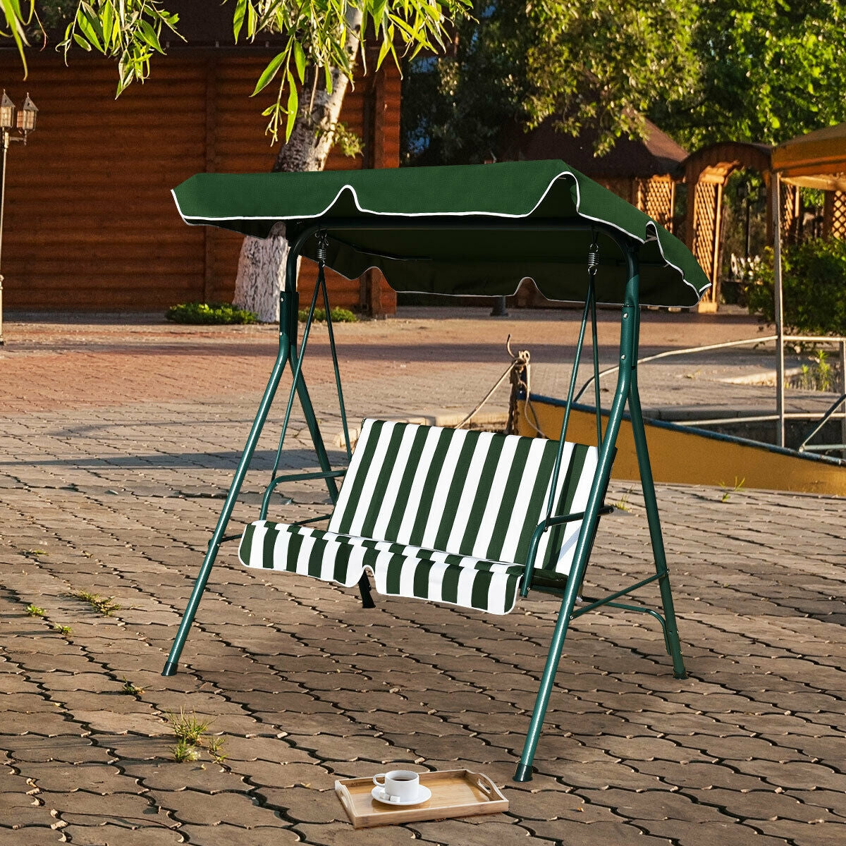 Loveseat Cushioned Patio Steel Frame Swing Glider -GreenÂ