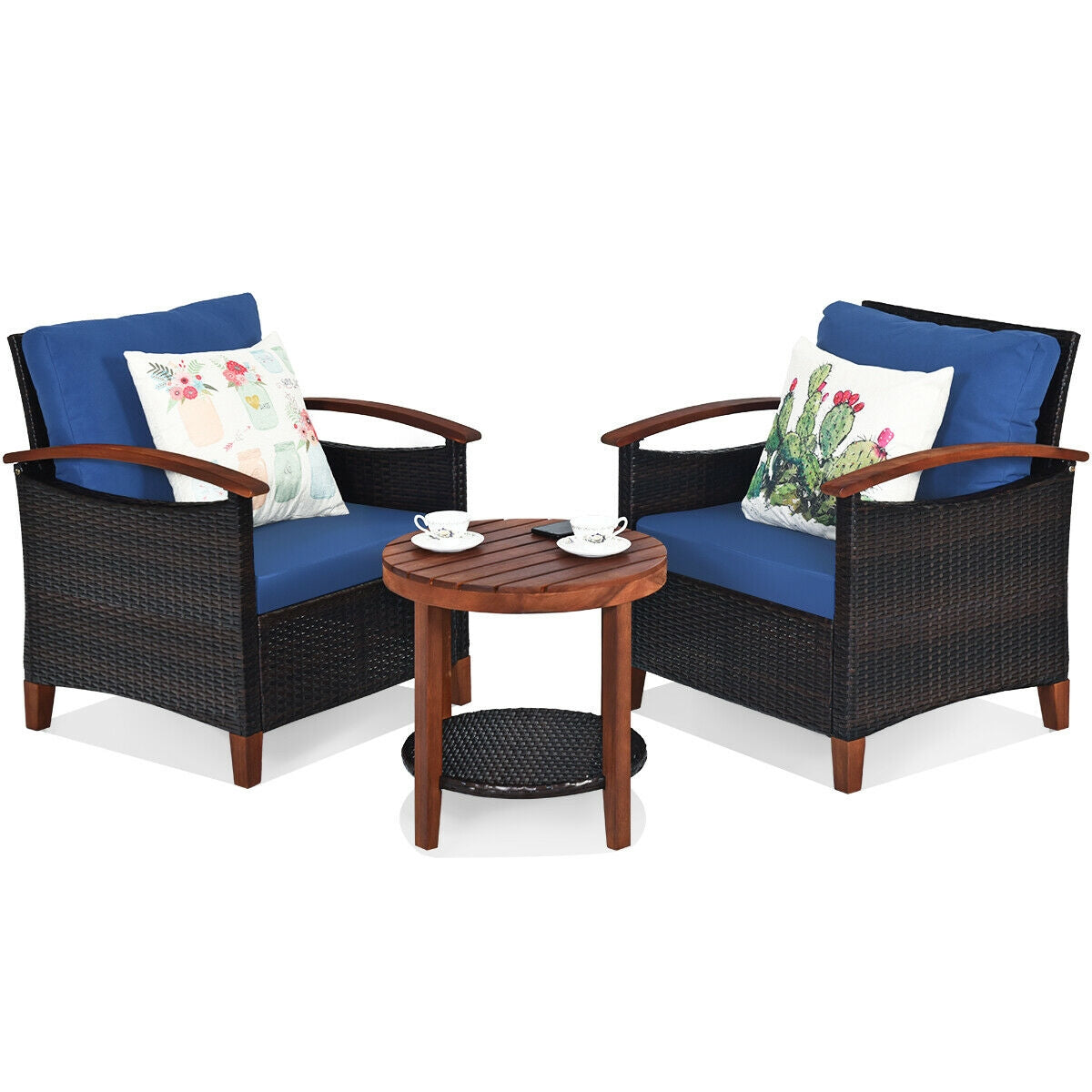 3 Pcs Solid Wood Frame Patio Rattan Furniture Set-BlueÂ