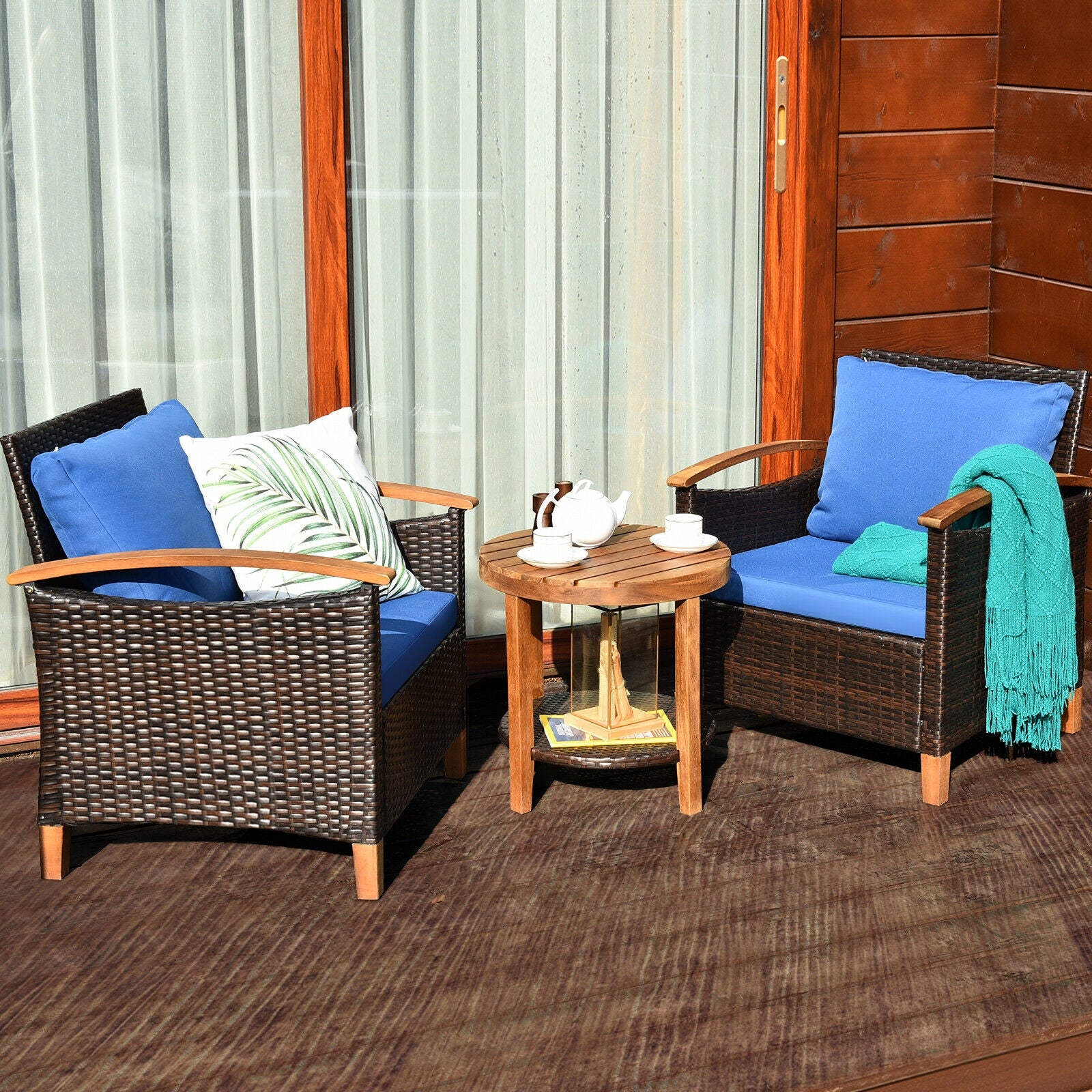 3 Pcs Solid Wood Frame Patio Rattan Furniture Set-BlueÂ