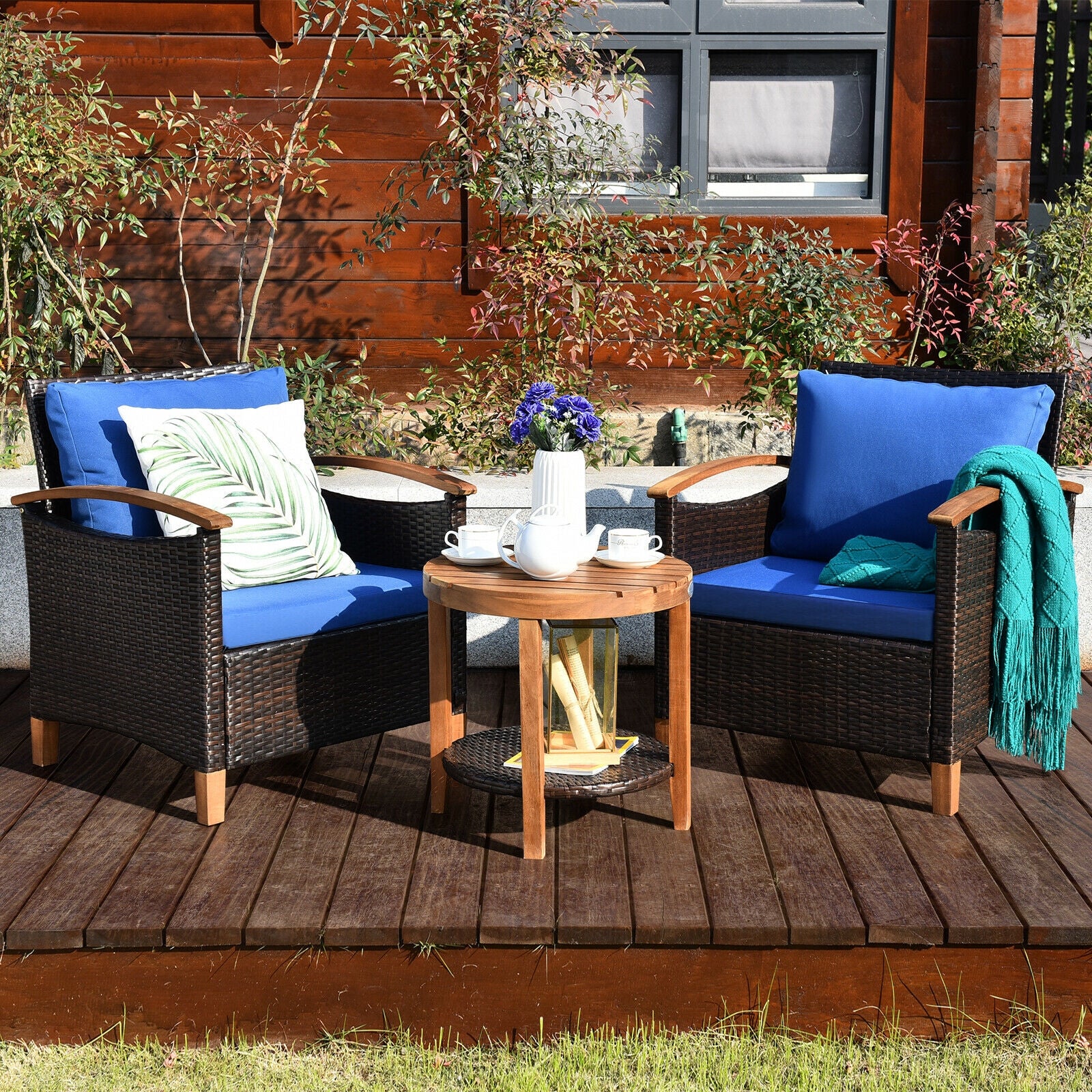 3 Pcs Solid Wood Frame Patio Rattan Furniture Set-BlueÂ