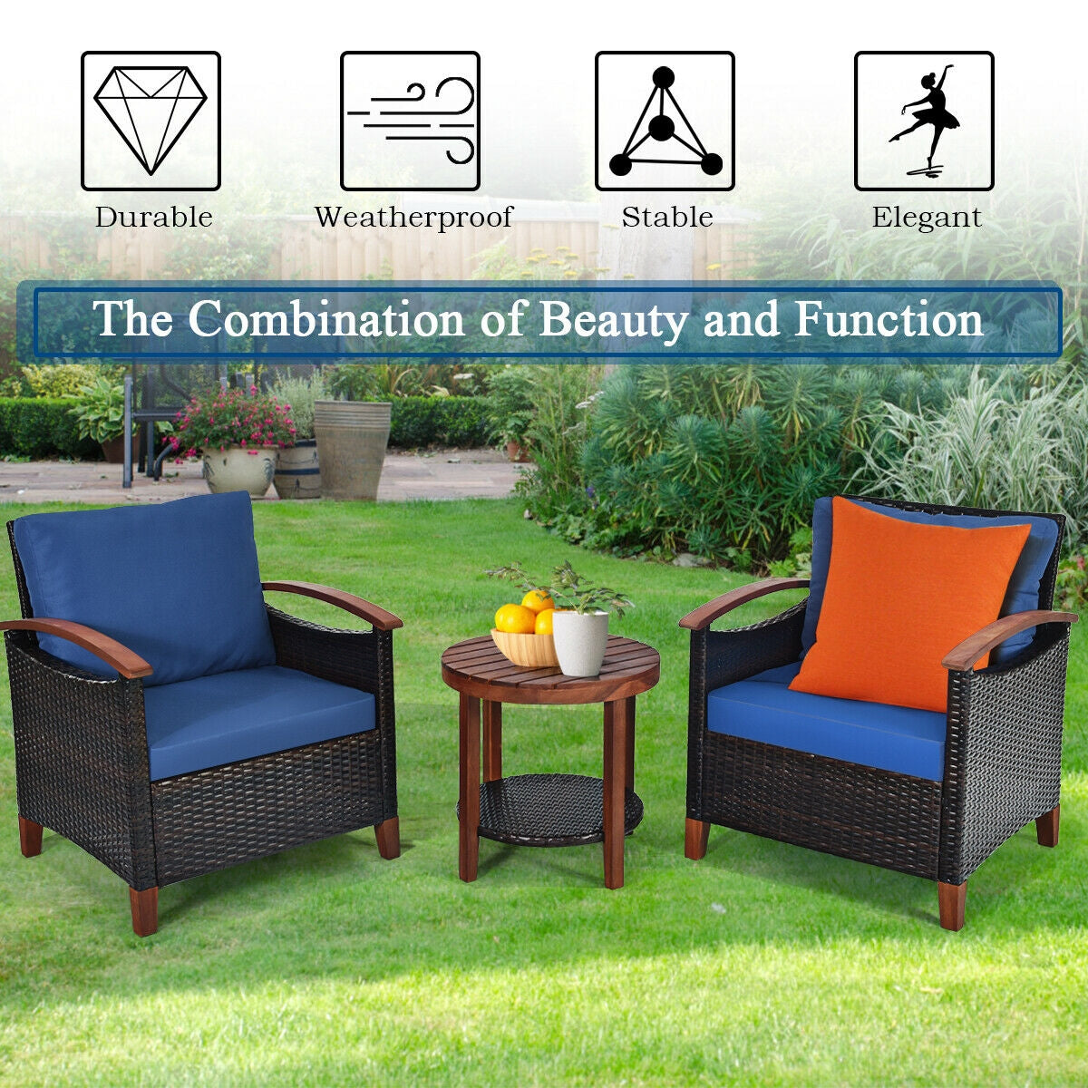 3 Pcs Solid Wood Frame Patio Rattan Furniture Set-BlueÂ
