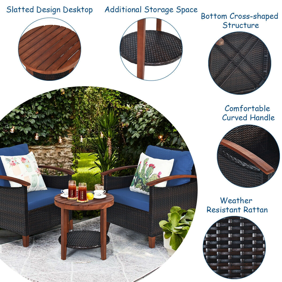3 Pcs Solid Wood Frame Patio Rattan Furniture Set-BlueÂ