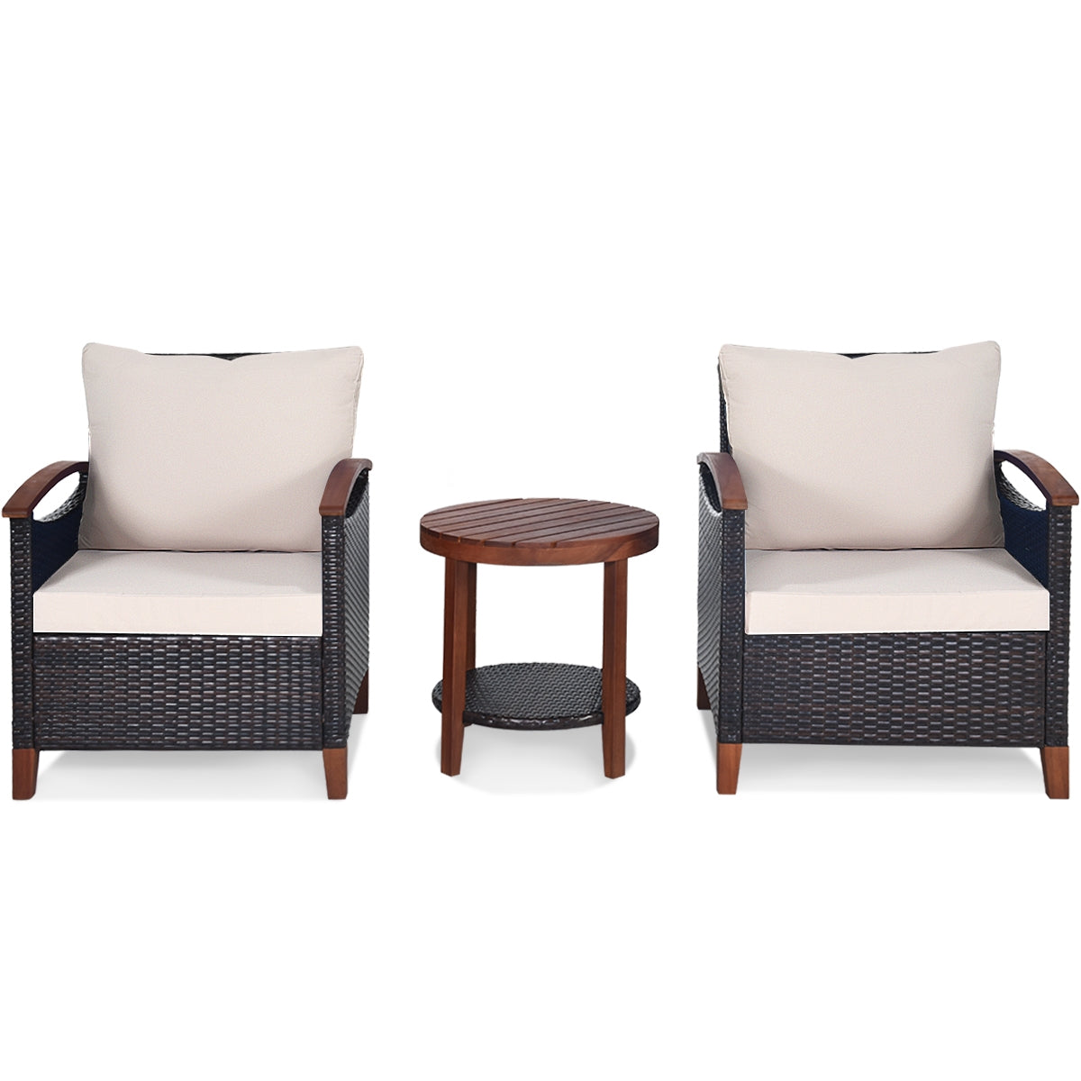 3 Pieces Patio Wicker Furniture Set with Washable Cushion and Acacia Wood Tabletop-BeigeÂ