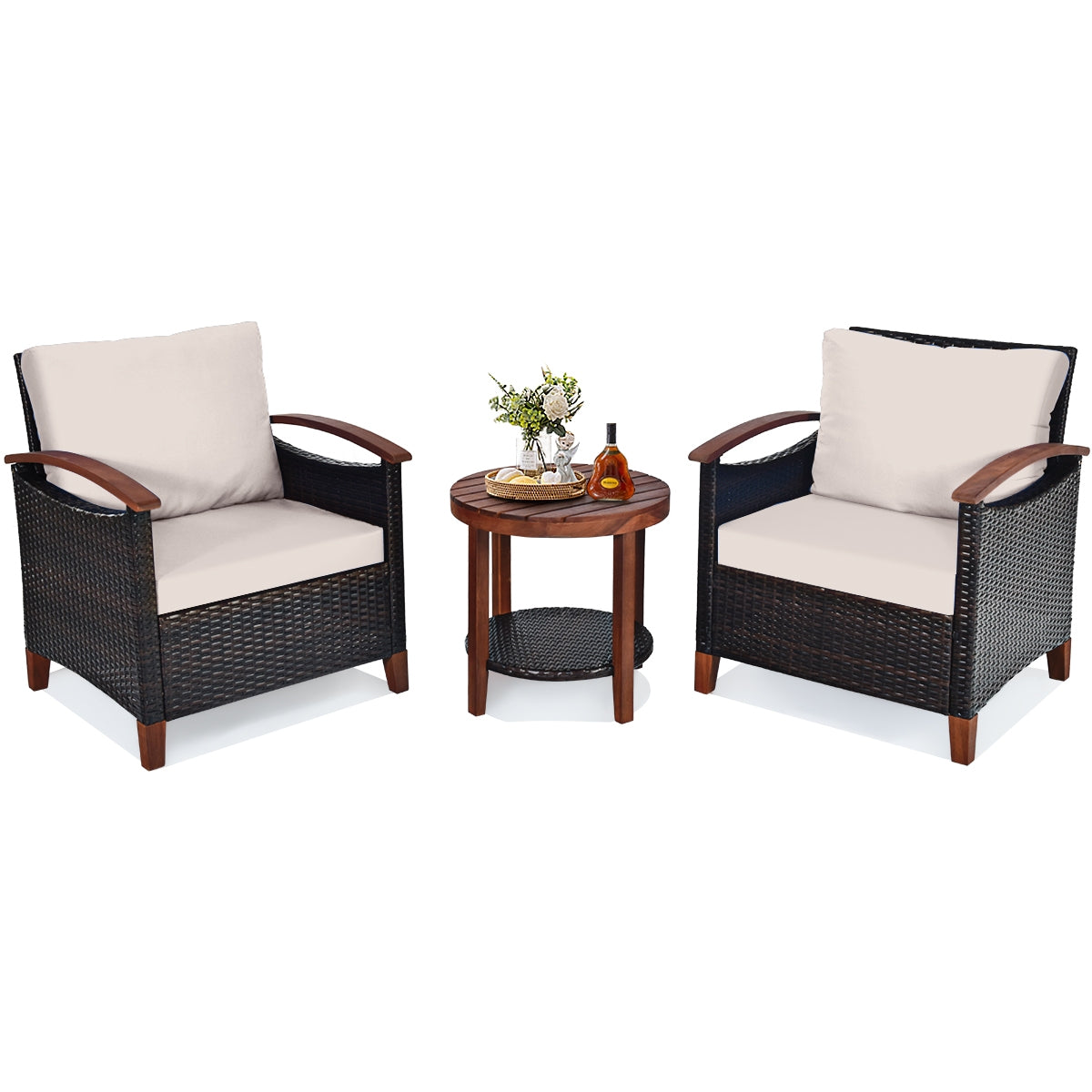 3 Pieces Patio Wicker Furniture Set with Washable Cushion and Acacia Wood Tabletop-BeigeÂ