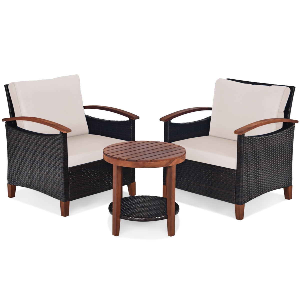 3 Pieces Patio Wicker Furniture Set with Washable Cushion and Acacia Wood Tabletop-BeigeÂ