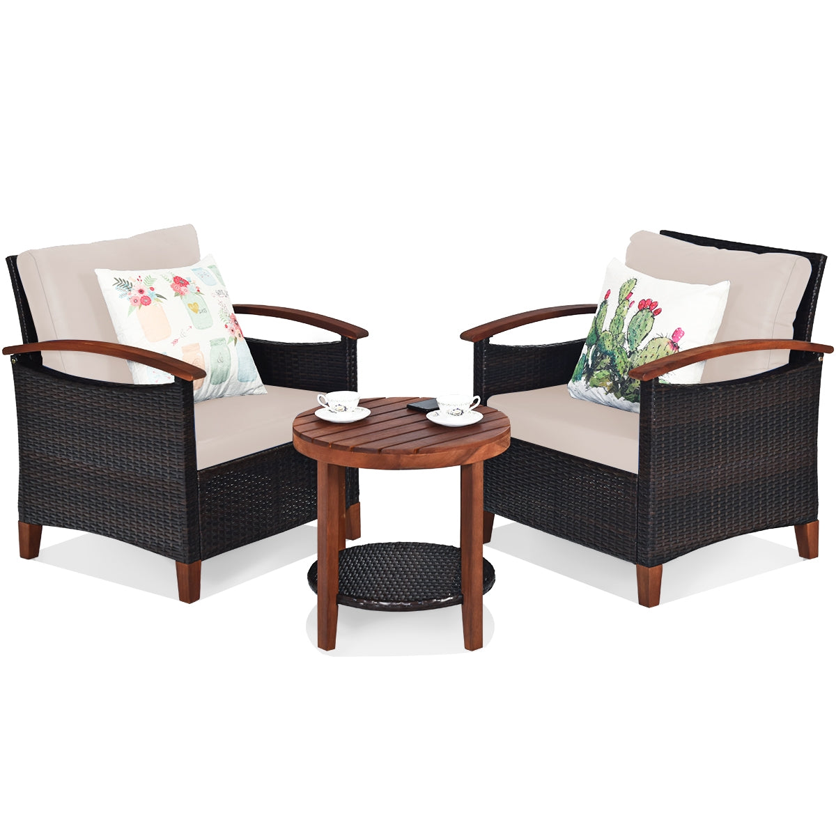 3 Pieces Patio Wicker Furniture Set with Washable Cushion and Acacia Wood Tabletop-BeigeÂ